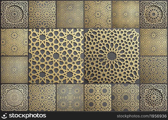 Gold islamic art 3d pattern set. Pattern islamic motif. Ramadan kareem vector. Design ornament ottoman muslim circle.. Gold islamic art 3d pattern set. Pattern islamic motif. Ramadan kareem vector. Design ornament ottoman muslim circle. 3D eid background.