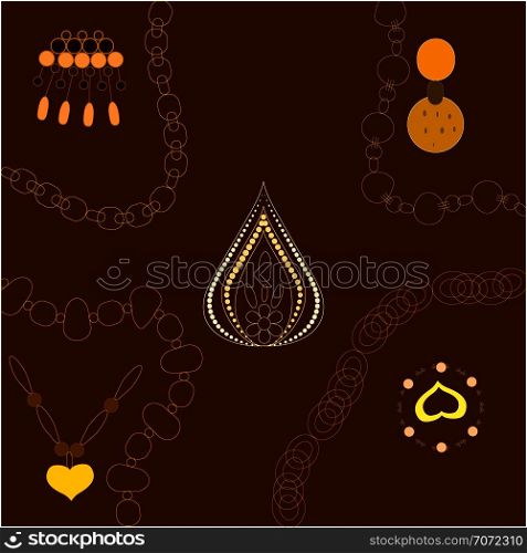Gold jewellery illustration hand drawn. Yellow chain, pendants on brown background. Poster, banner vector design, greeting cards, jewellery store advertisements. Vector illustration.. Gold jewellery decor illustration.