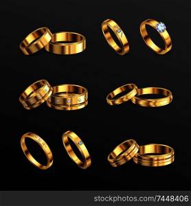 Gold jewelry diamond luxury engagement wedding couple rings 6 realistic sets against black background isolated vector illustration