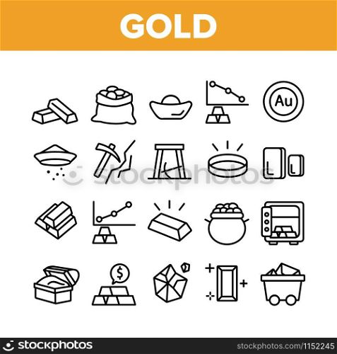 Gold Jewelry Metal Collection Icons Set Vector Thin Line. Safe With Golden Bars, Mining Gold, Bag And Vat With Coin, Mine Cart And Pick Concept Linear Pictograms. Monochrome Contour Illustrations. Gold Jewelry Metal Collection Icons Set Vector