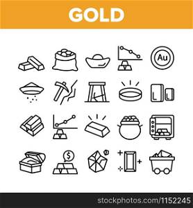 Gold Jewelry Metal Collection Icons Set Vector Thin Line. Safe With Golden Bars, Mining Gold, Bag And Vat With Coin, Mine Cart And Pick Concept Linear Pictograms. Monochrome Contour Illustrations. Gold Jewelry Metal Collection Icons Set Vector