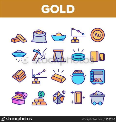 Gold Jewelry Metal Collection Icons Set Vector Thin Line. Safe With Golden Bars, Mining Gold, Bag And Vat With Coin, Mine Cart And Pick Concept Linear Pictograms. Color Contour Illustrations. Gold Jewelry Metal Collection Icons Set Vector