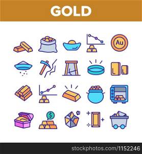 Gold Jewelry Metal Collection Icons Set Vector Thin Line. Safe With Golden Bars, Mining Gold, Bag And Vat With Coin, Mine Cart And Pick Concept Linear Pictograms. Color Contour Illustrations. Gold Jewelry Metal Collection Icons Set Vector