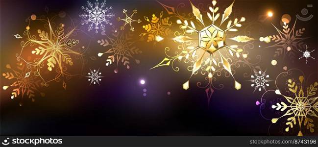 Gold, jewelry, patterned snowflakes on black glowing, Christmas background. Golden snowflakes.