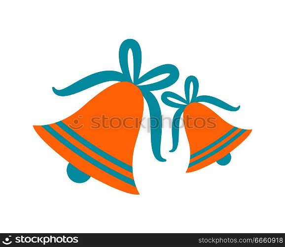 Gold jingle bells with blue ribbons tied in bows isolated cartoon flat vector illustration on white background. Festive Christmas symbolic objects.. Gold Jingle Bells with Blue Ribbons Tied in Bows