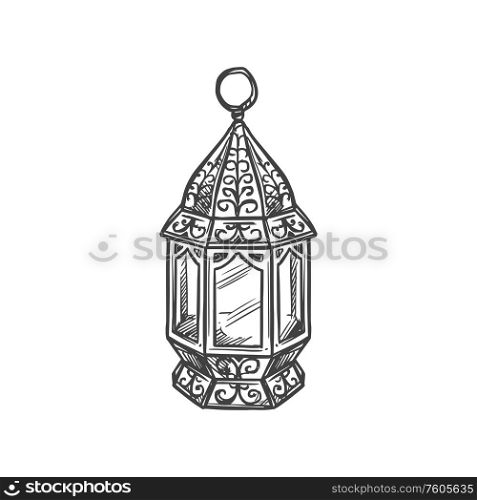 Gold lantern isolated illuminated lamp sketch. Vector Ramadan Kareem symbol, vintage arabic lantern. Ramadan Mubarak symbol isolated golden lantern