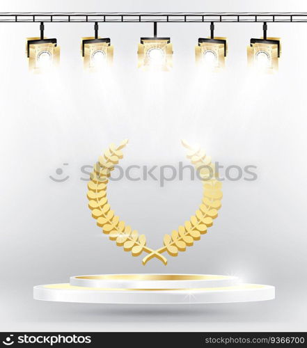 Gold Laurel Wreath on Podium with Spotlights. Vector Illustration.