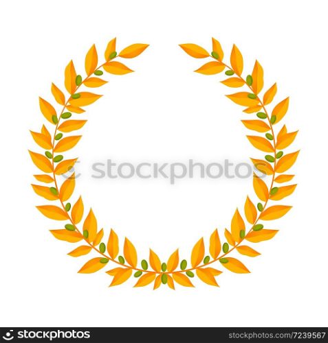 Gold laurel wreath. Vintage wreaths heraldic design elements with floral frames made up of laurel branches with green berries on white background. Symbol of winner or valor and mind. Vector illustration. Gold laurel wreath. Vintage wreaths heraldic design elements with floral frames made up of laurel branches with green berries on white background. Symbol of winner or valor and mind.