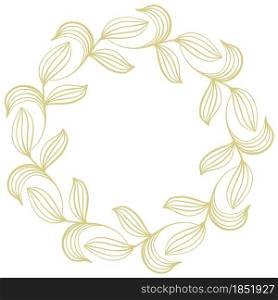Gold leafy graceful frame for cards and congratulations, vector illustration. Circular botanical rim made of sheets. Minimalistic natural wreath of leaves.. Gold leafy graceful frame for cards and congratulations, vector illustration.