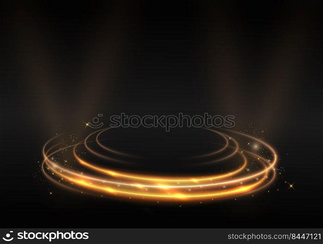 Gold light effect curves with sparkle on black background. Vector illustration 