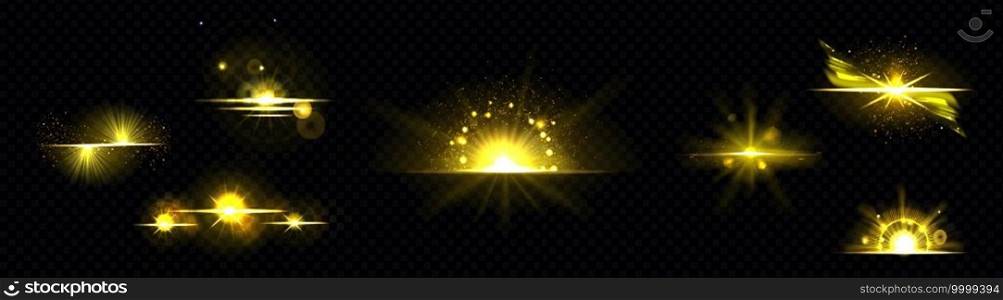 Gold light, sun radiant, golden line, sunburst isolated on black background. Dusk or dawn bursting rays, firework glow, blast or magic beams, yellow spark. Realistic 3d vector illustration, icons set. Gold light, sun radiant, golden line, sunburst set