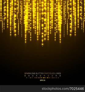 Gold lights shiny vertical line glitters holiday festival on dark background. Golden christmas confetti shining lights pattern. Magic rain of sparkling glitter particles lines. Vector illustration