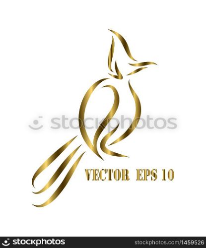 Gold line art vector logo of Red-whiskered bulbul bird that is hanging on a branch.