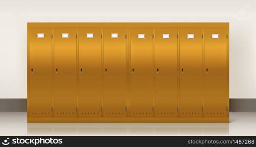 Gold lockers, vector school or gym changing room metal cabinets. Row of realistic 3d yellow storage furniture with keyholes and blank nameplates on closed golden doors in college, university, office. Gold lockers, vector school or gym changing room