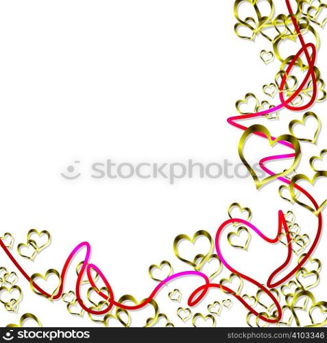 Gold love hearts with shadow and red flowing ribbon