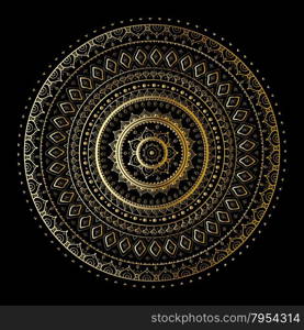 Gold mandala. Gold mandala on black background. Ethnic vintage pattern.