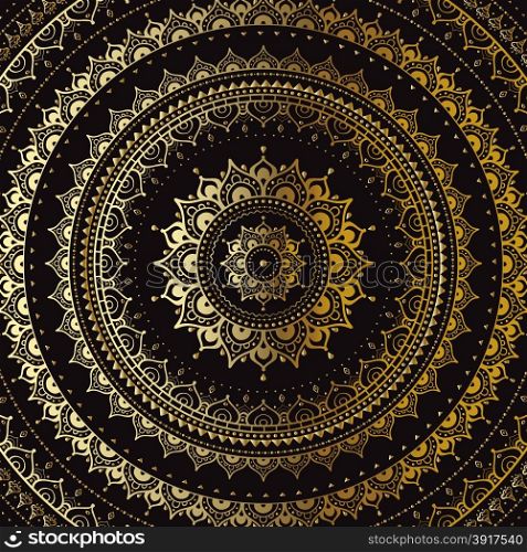 Gold mandala on black background. Indian pattern.