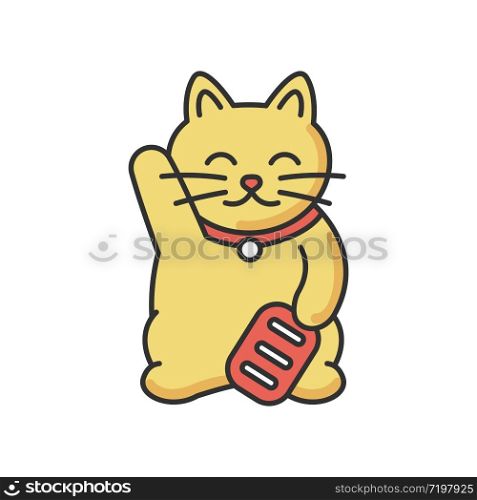 Gold maneki neko RGB color icon. Traditional japanese mascot to bring fortune. Oriental souvenir from Japan. Kitty talisman for luck. Cute kitten figurine with waving paw. Isolated vector illustration
