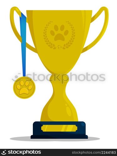 gold medal and Prize cup with paw print for participation in animal competitions. Prize for winner of pet competition. Cartoon vector isolated on white background