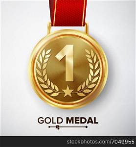 Gold Medal Vector.. Gold Medal Vector. Metal Realistic First Placement Achievement. Round Medal With Red Ribbon, Relief Detail Of Laurel Wreath And Star. Competition Game Golden Achievement.