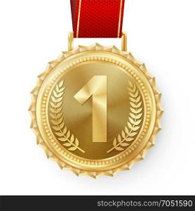 Gold Medal Vector. Golden 1st Place Badge. Sport Game Golden Challenge Award. Red Ribbon. Isolated. Olive Branch. Realistic illustration.. Gold Medal Vector. Best First Placement. Winner, Champion, Number One. 1st Place Achievement. Metallic Winner Award. Red Ribbon. Isolated On White Background. Realistic illustration.