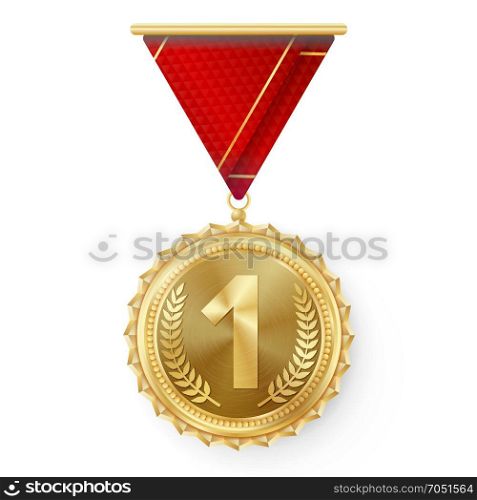 Gold Medal Vector. Golden 1st Place. Ceremony Winner Honor Prize. Isolated On White. Olive Branch. Realistic illustration.. Gold Medal Vector. Round Championship Label. Competition Challenge Award. Red Ribbon. Isolated On White. Realistic illustration.