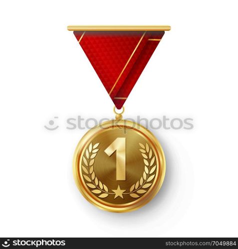 Gold Medal Vector. Metal Realistic First Placement Achievement. Round Medal With Red Ribbon, Relief Detail Of Laurel Wreath And Star. Competition Game Golden Achievement. Winner Trophy Award. Gold Medal Vector. Metal Realistic First Placement Achievement. Round Medal With Red Ribbon, Relief Detail Of Laurel Wreath And Star. Competition Game Golden Achievement. Winner Trophy