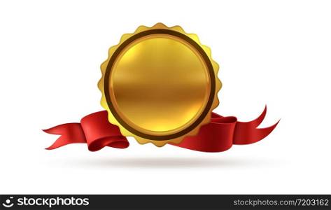 Gold medal. Victory golden award prize to first place with ribbons for hero or champion winner vector illustration. Gold medal. Victory award prize to first place with ribbons for hero or winner vector illustration