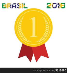 Gold medal with inscription in Portuguese and interpret flag of Brazil. Vector Illustration. EPS10. Gold medal with inscription in Portuguese and interpret flag of