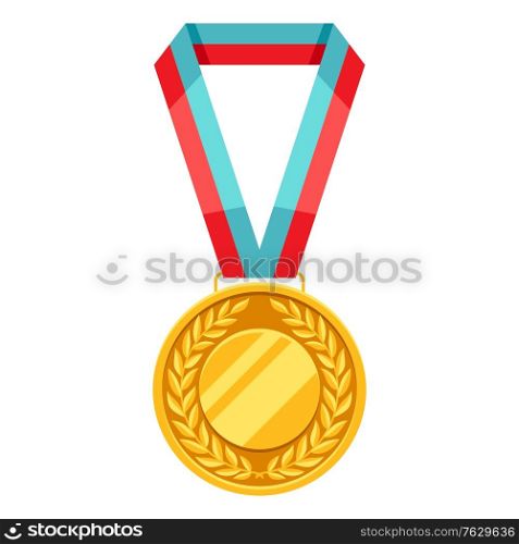 Gold medal with multi colored ribbon. Illustration of award for sports or corporate competitions.. Gold medal with multi colored ribbon.