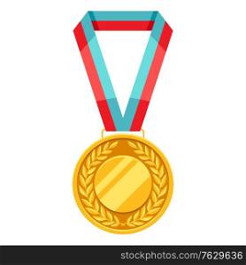 Gold medal with multi colored ribbon. Illustration of award for sports or corporate competitions.. Gold medal with multi colored ribbon.