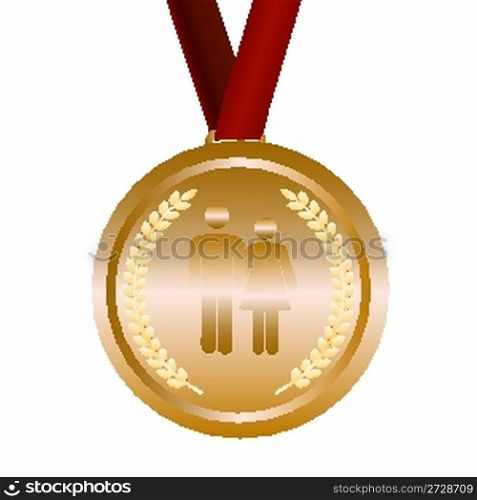 gold medal with red ribbon and couple