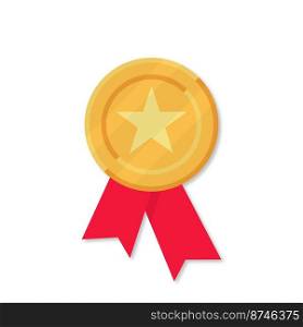 Gold medal with red ribbons in flat style on white background, vector