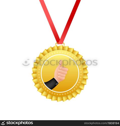 Gold medal with star and red ribbon. Winner award icon. Best choice badge. Vector illustration.. Gold medal with star and red ribbon. Winner award icon. Best choice badge. Vector illustration
