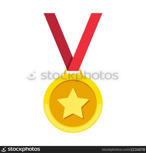 Gold medal with star. Icon of coin or prize. Badge with ribbon for olympic game. Trophy and award for winner in flat style. 1st place. Vector.