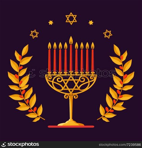 Gold Menorah with red candles. Hanukkah Vector card with Menorah, stars of David and gold branches on dark Background. Jewish holiday. Vector illustration. Hanukkah Vector card - Happy Hanukkah greeting inscription. Jewish holiday. Hanukkah gold Menorah with red candles, star of David and gold branches on white Background