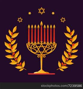 Gold Menorah with red candles. Hanukkah Vector card with Menorah, stars of David and gold branches on dark Background. Jewish holiday. Vector illustration. Hanukkah Vector card - Happy Hanukkah greeting inscription. Jewish holiday. Hanukkah gold Menorah with red candles, star of David and gold branches on white Background