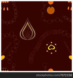 Gold metal jewellery accessories seamless pattern. Brown background. Jewels textile, background, web, wrapping paper. Vector illustration. Gold metal jewel decor endless texture.
