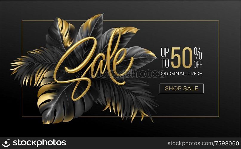 Gold metallic summer sale lettering on a black background from golden tropical leaves of plants. Vector illustration EPS10. Gold metallic summer sale lettering on a black background from golden tropical leaves of plants. Vector illustration