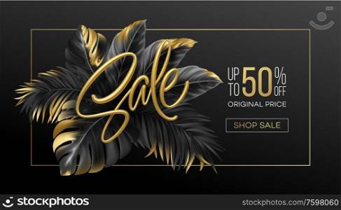 Gold metallic summer sale lettering on a black background from golden tropical leaves of plants. Vector illustration EPS10. Gold metallic summer sale lettering on a black background from golden tropical leaves of plants. Vector illustration