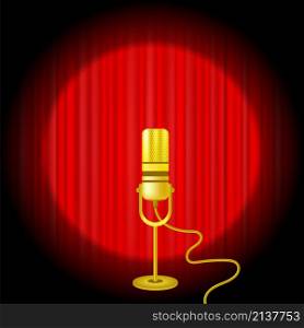 Gold Microphone Icon on Red Curtain Background.. Gold Microphone Icon on Red Curtain Background