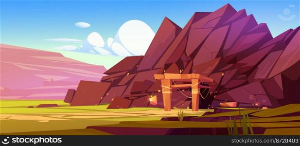 Gold mine entrance at nature landscape, outside cave view with golden shiny ingots and nuggets in rocks and stone shaft walls. Game scene, cartoon background, mining quarry, 2d Vector illustration. Gold mine entrance at nature landscape, cave view