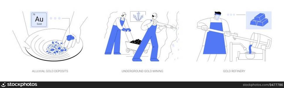 Gold mining abstract concept vector illustration set. Alluvial gold deposits, underground mining tunnels, molten precious metals refinery in hot furnace, gold discovery in river abstract metaphor.. Gold mining abstract concept vector illustrations.
