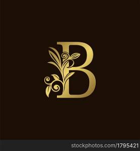 Gold Nature Leaf B Luxury Letter Logo Concept. Elegant floral style with alphabet vector design