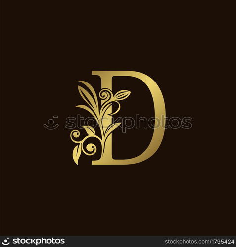 Gold Nature Leaf D Luxury Letter Logo Concept. Elegant floral style with alphabet vector design