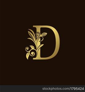 Gold Nature Leaf D Luxury Letter Logo Concept. Elegant floral style with alphabet vector design