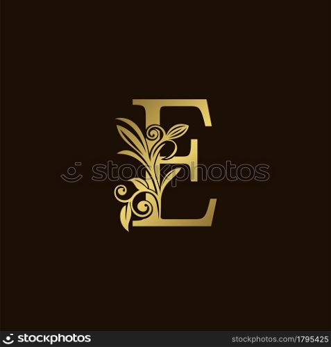 Gold Nature Leaf E Luxury Letter Logo Concept. Elegant floral style with alphabet vector design