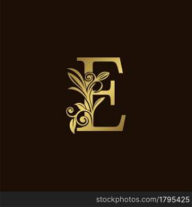 Gold Nature Leaf E Luxury Letter Logo Concept. Elegant floral style with alphabet vector design