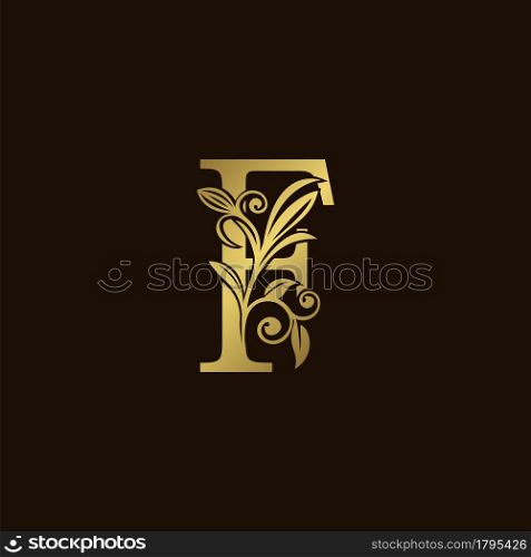 Gold Nature Leaf F Luxury Letter Logo Concept. Elegant floral style with alphabet vector design