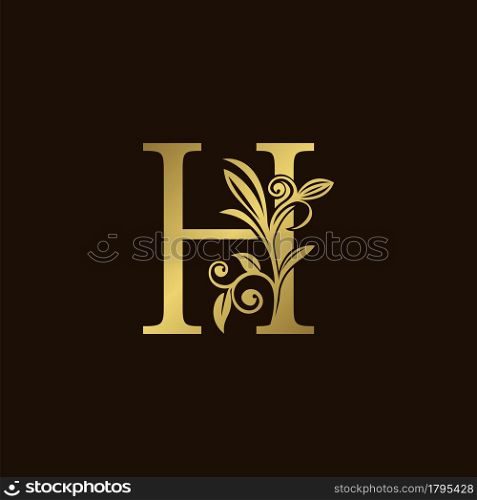 Gold Nature Leaf H Luxury Letter Logo Concept. Elegant floral style with alphabet vector design
